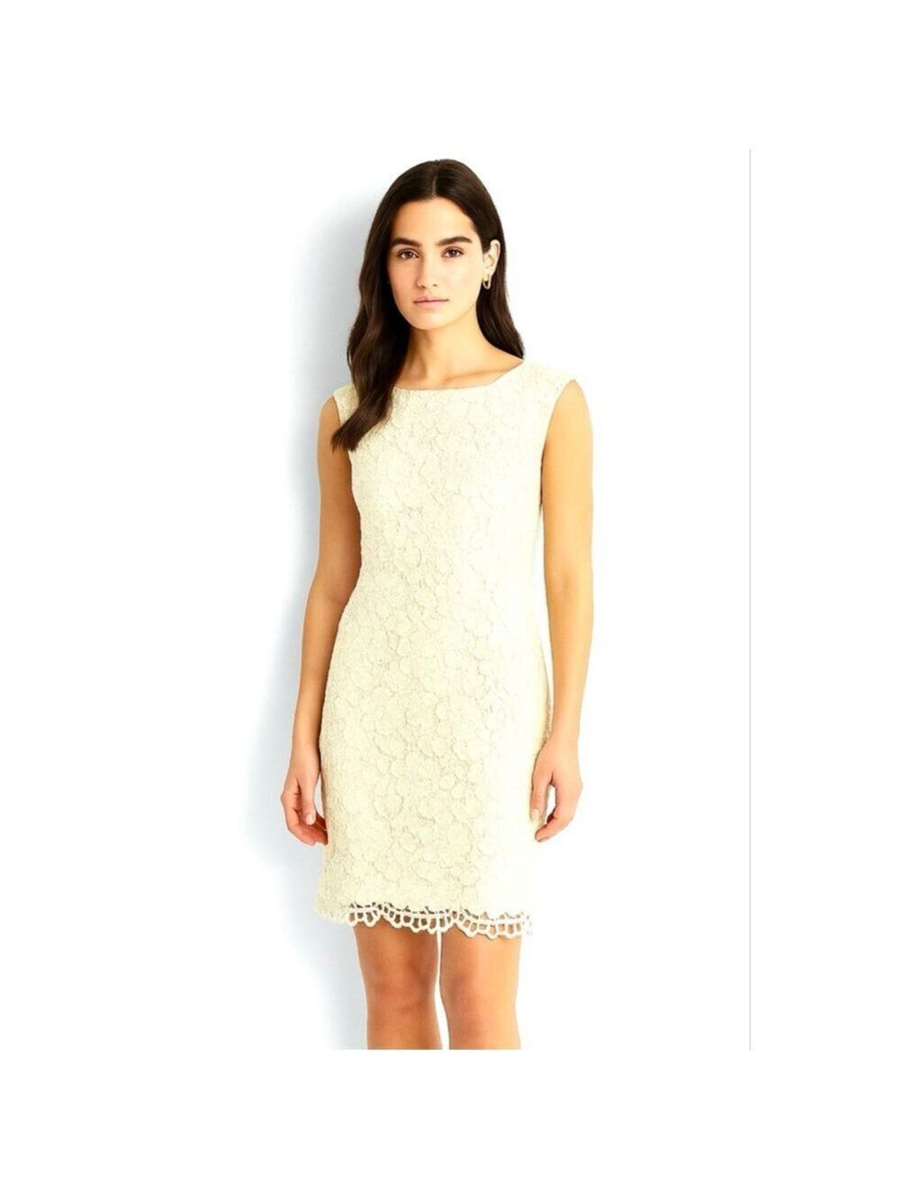 Lauren Ralph Lauren White Lace Sheath Dress Boat Neck Cap Sleeve Knee Length 10